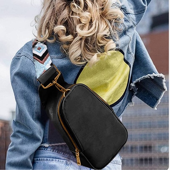 Black Aztec Western Bohemian Vegan Faux Leather Crossbody Fanny Bag - Picture 4 of 7